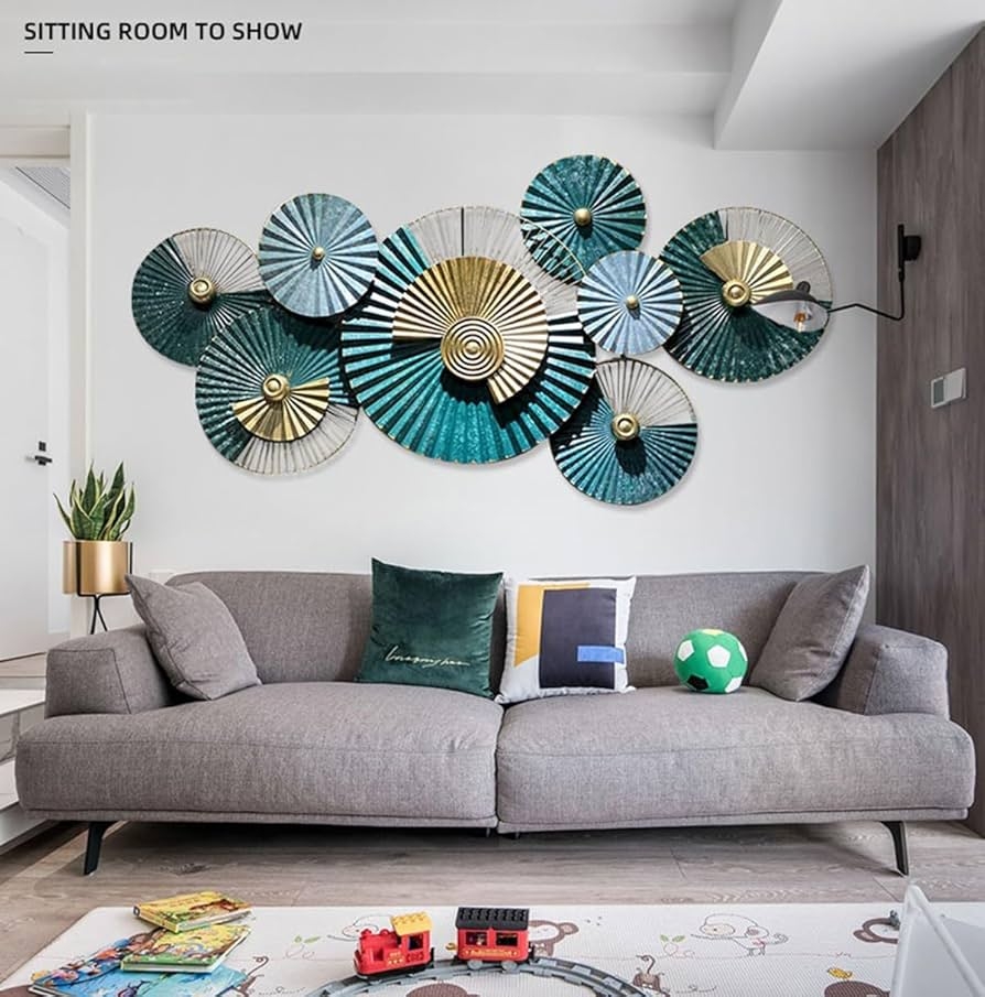 Wall Sculpture: Radial Pleats Teal Gold 3D Metal Fans