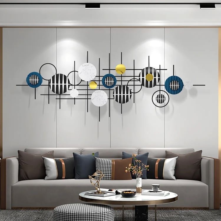 Wall Sculpture with Geometric Grid Frame Mixed Media Circles Accent