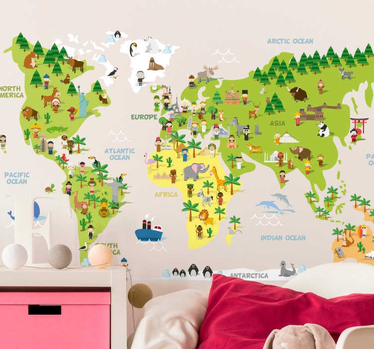Wall Sticker: Cartoon World Map Pink Playful Bedroom Wall Art
