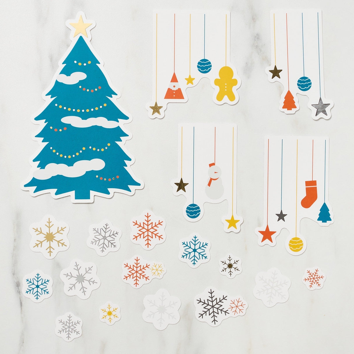 Wall Stickers: Static Cling Teal Blue Tree and Snowflakes