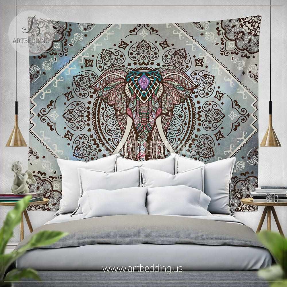 Wall Tapestry: Elephant Motif Teal Ethnic Chic Elephant Tapestry Art