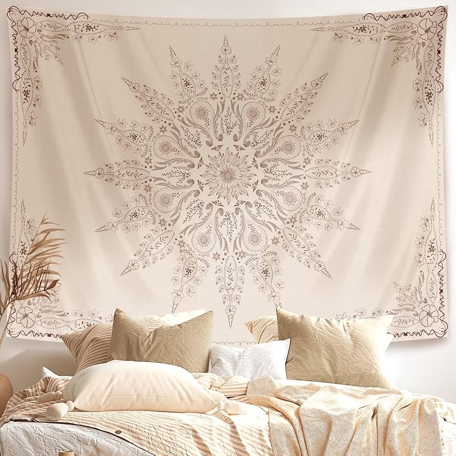 Wall Tapestry: Mandala Centerpiece Flaxen Beige Floral Wall Hanging