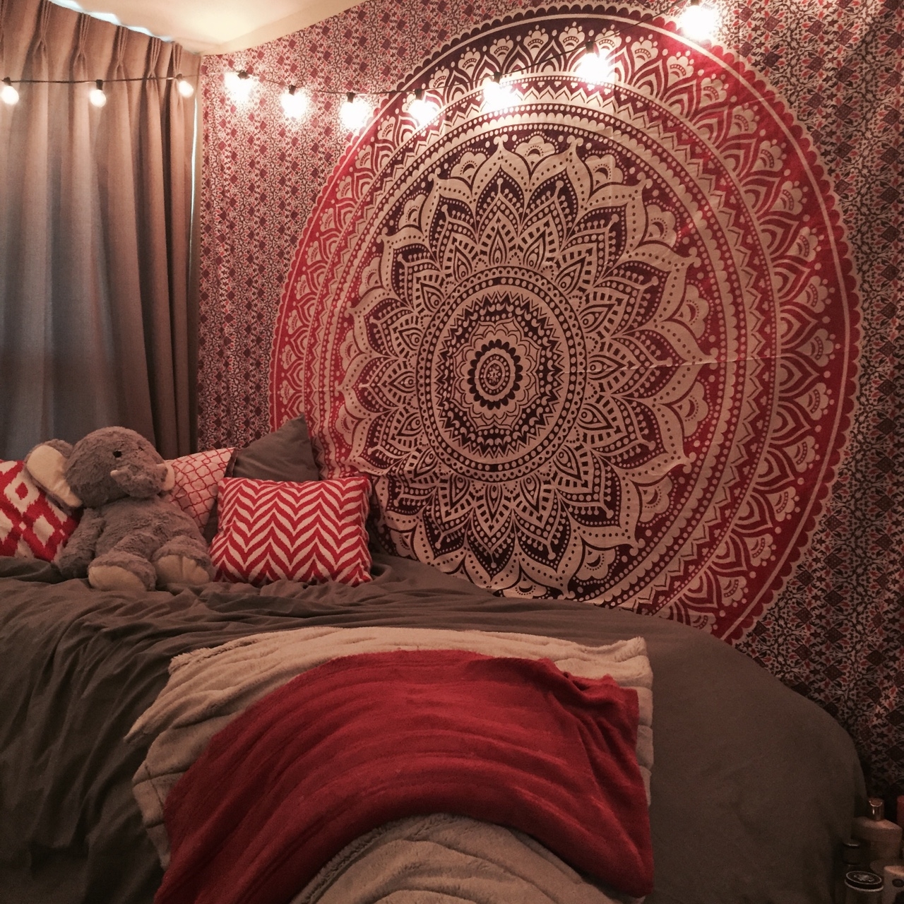 Wall Tapestry: Maroon Mandala Print With Globe String Lights Decor