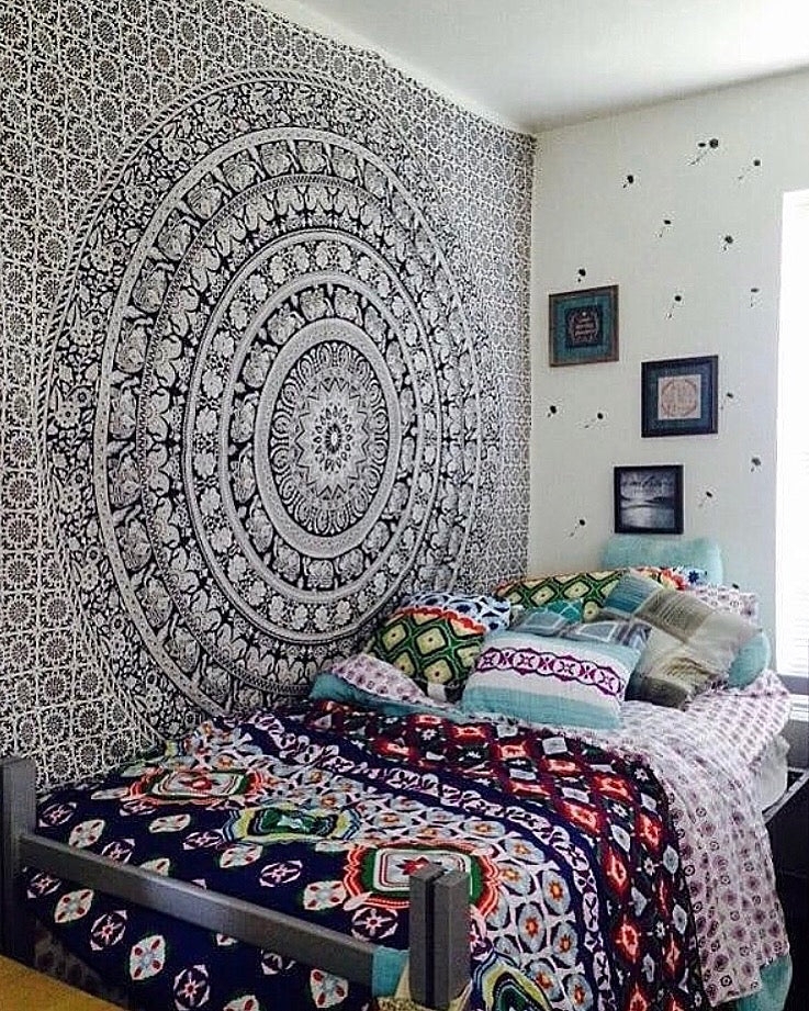 Wall Tapestry: Oversized Scale Black And White Indian Mandala Print