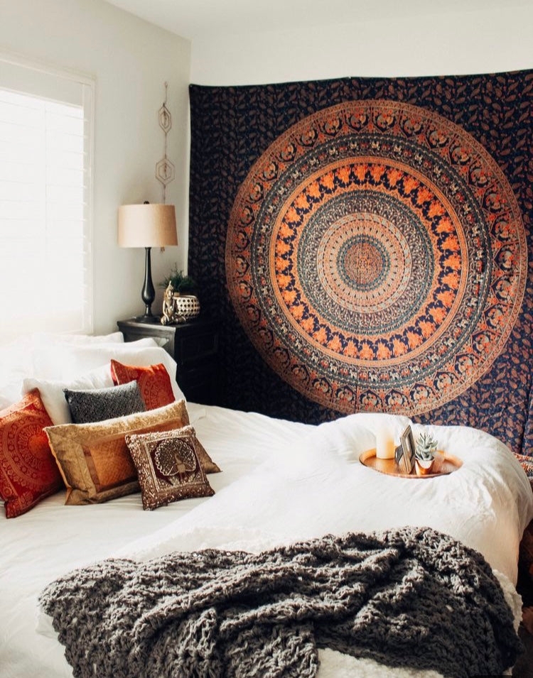 Wall Tapestry: Textile Focal Point Navy Rust Orange Mandala Backdrop