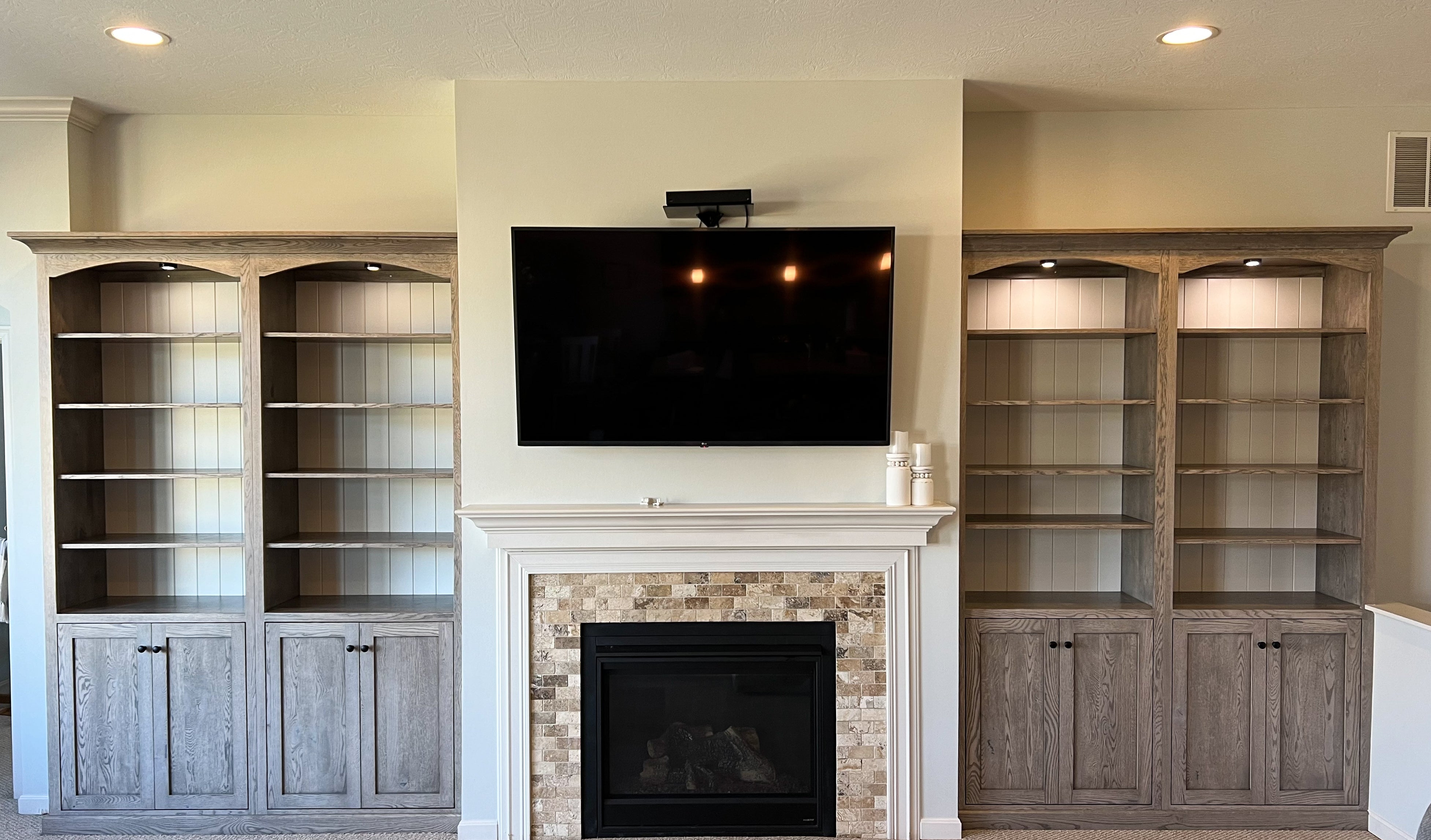 Wall Unit: Weathered Gray Arched Top Bookshelves and TV