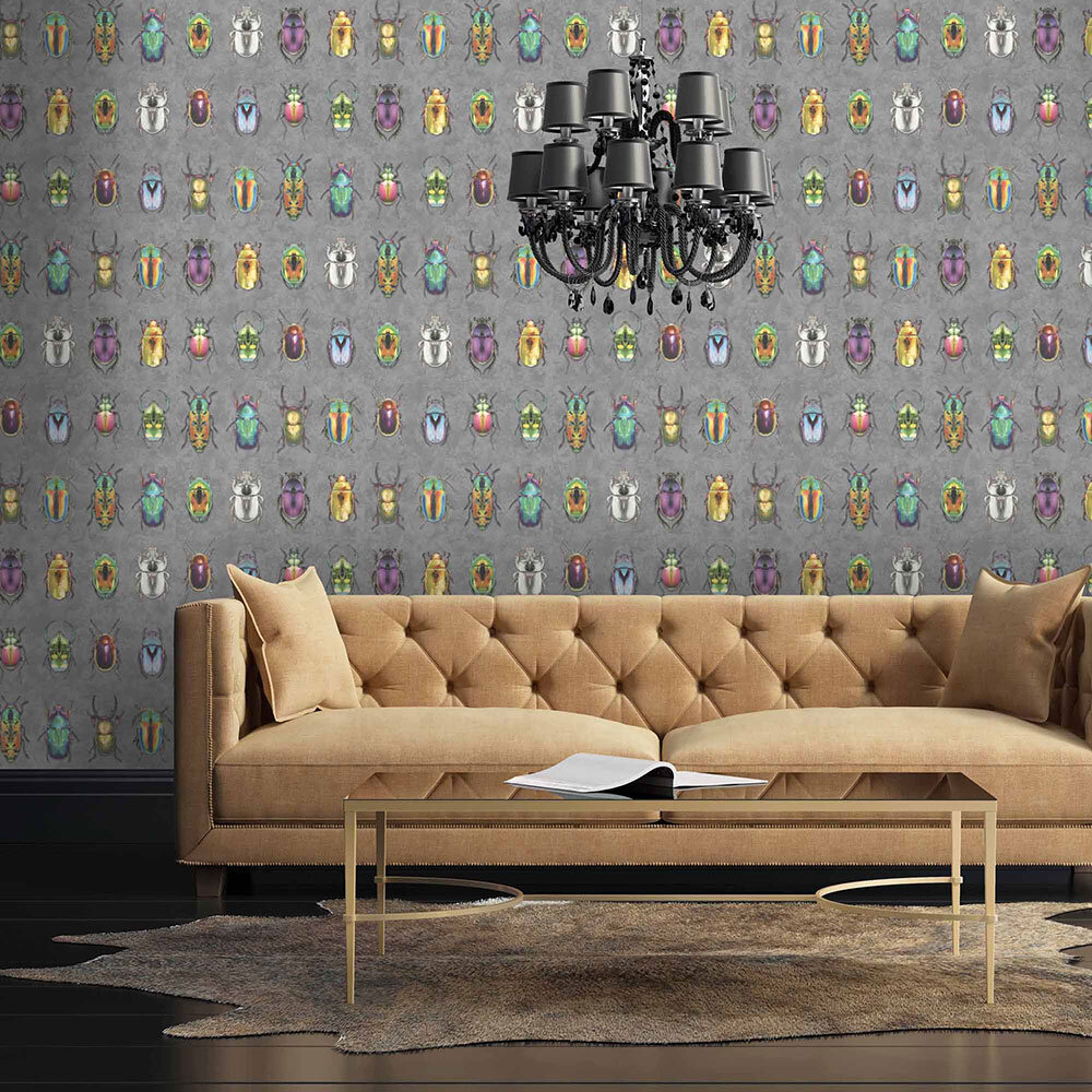 Wallpaper Beetle Jewels Pattern Charcoal Multi Grid