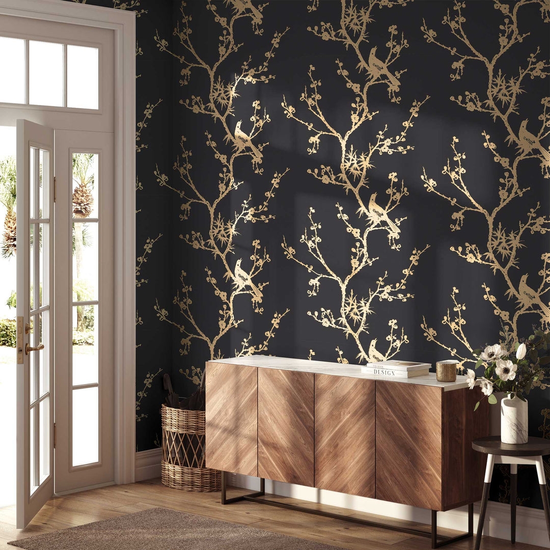 Wallpaper Bird Pattern Modern Chinoiserie Entryway