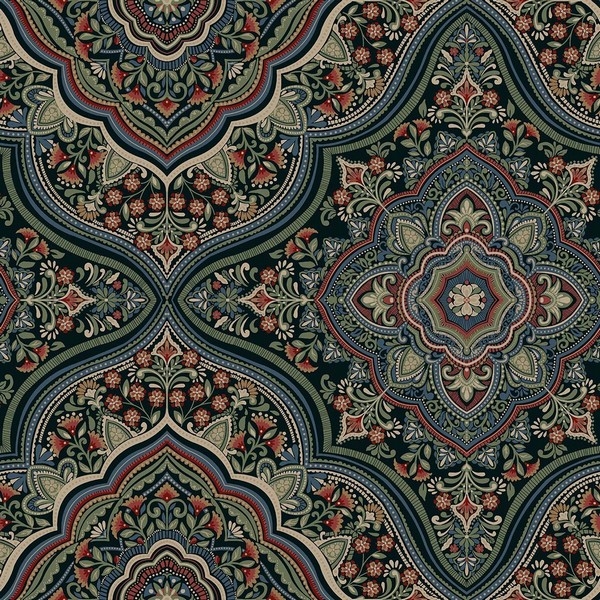 Wallpaper Medallion Motif Damask Floral Scrollwork