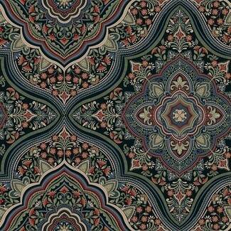 Wallpaper Medallion Motif Damask Floral Scrollwork