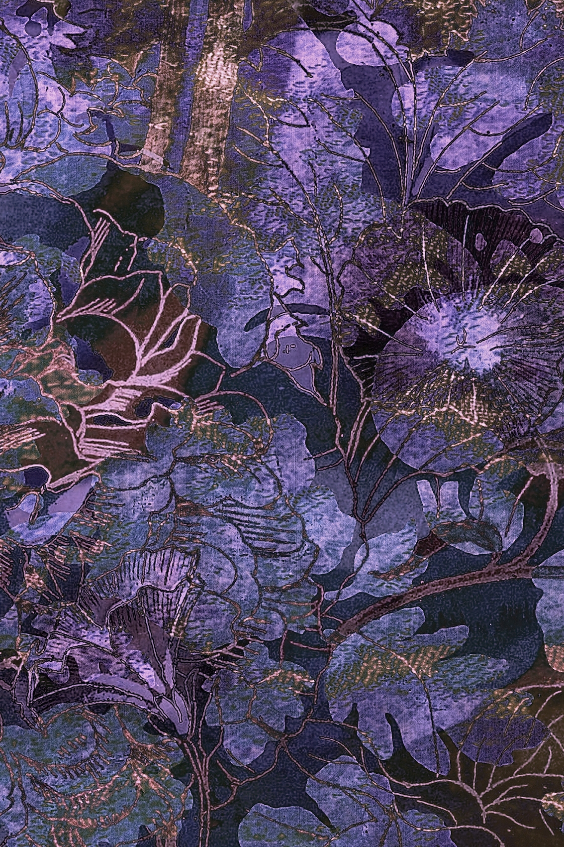Wallpaper Metallic Linework Deep Violet Floral Wall