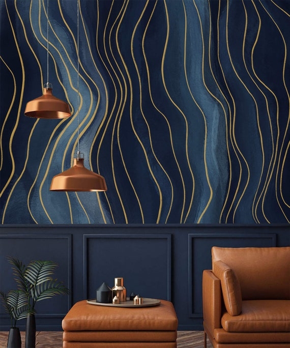 Wallpaper Mural in Organic Gold Waves and Luxury Blue Accent Wall