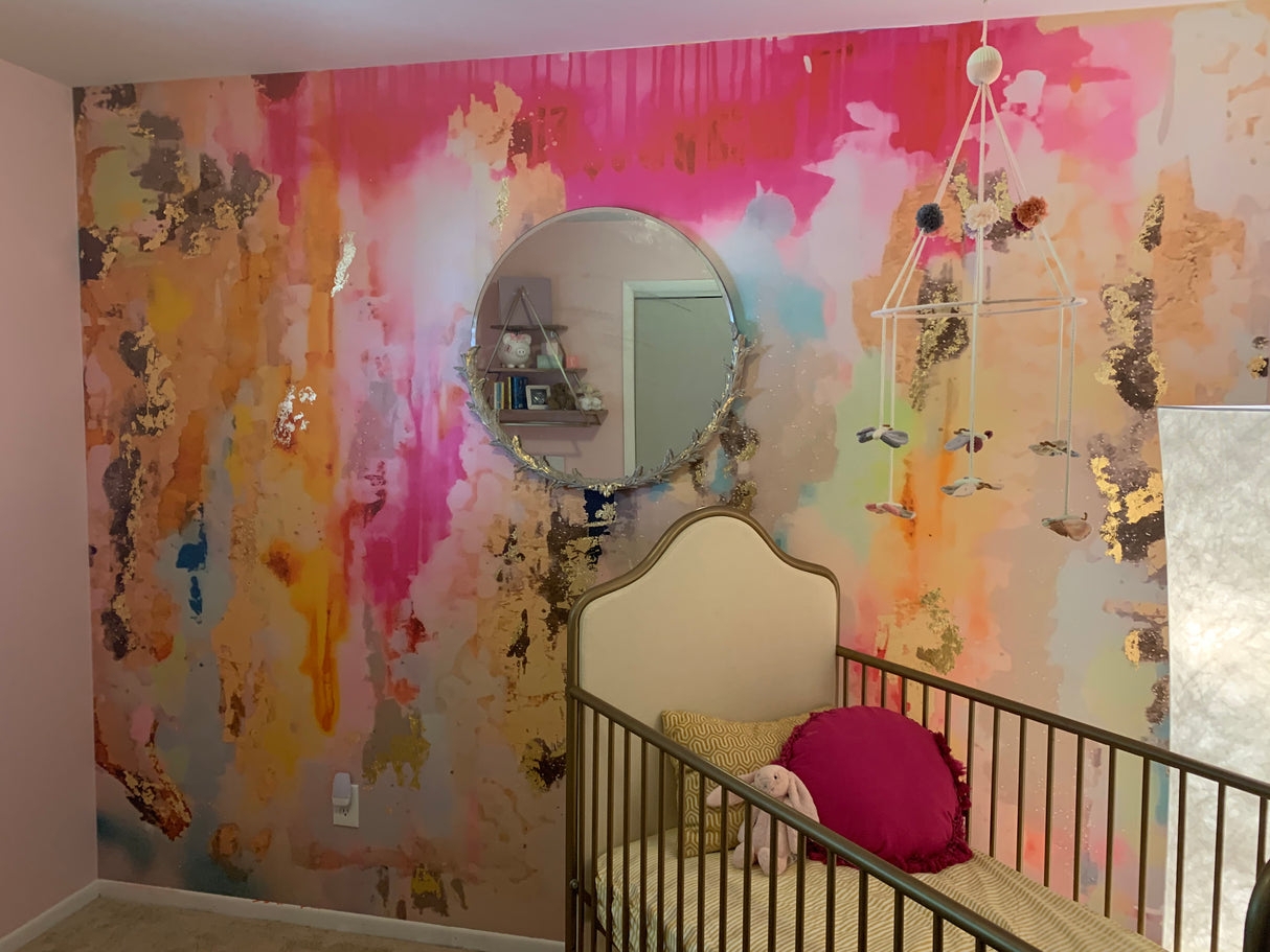 Wallpaper Mural with Abstract Fluid Art in Fuchsia and Gold