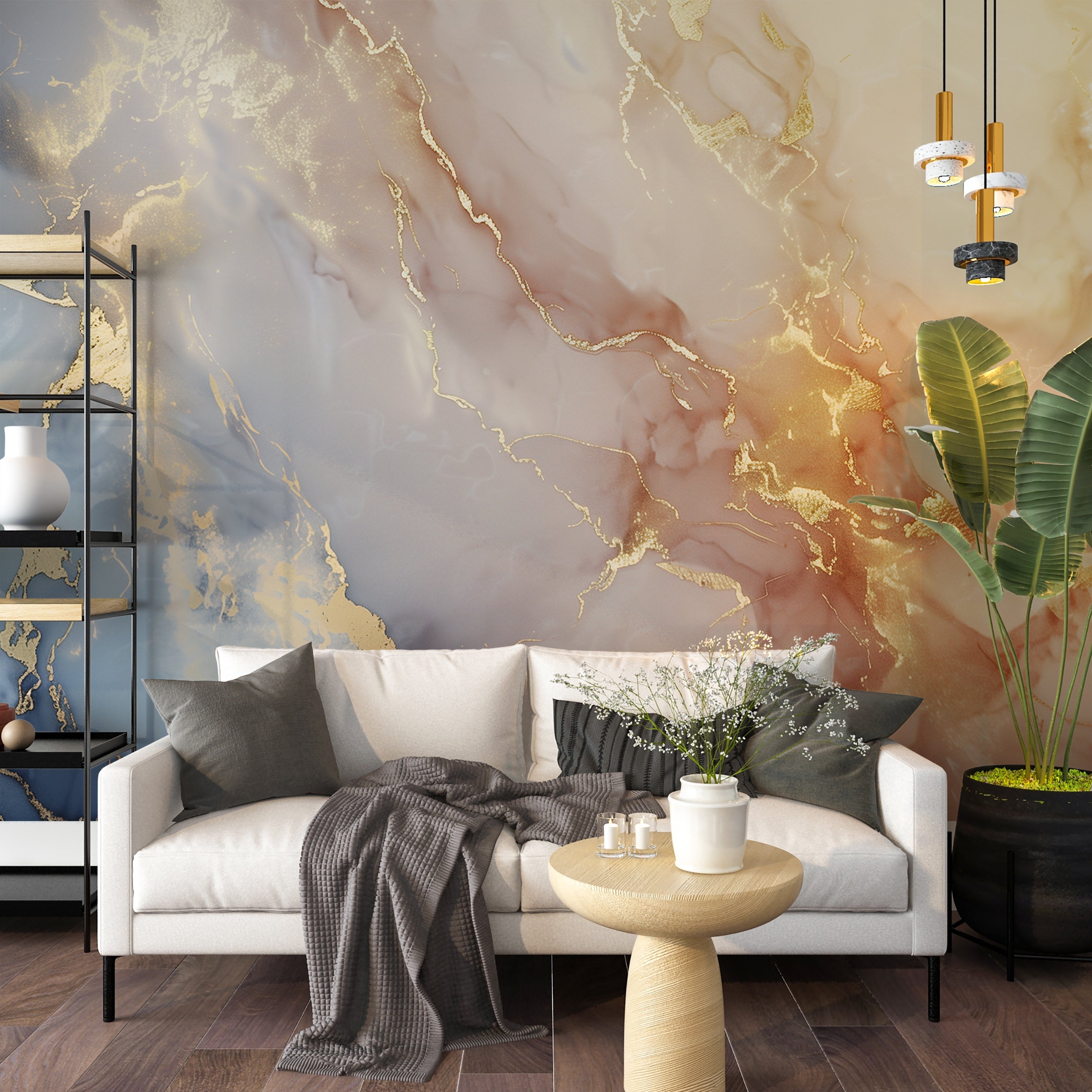 Wallpaper Mural with Gold Veining and Alcohol Ink Style Abstract Art