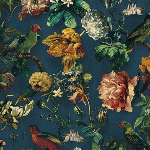 Wallpaper Navy Botanical Print Vintage Bird Illustration