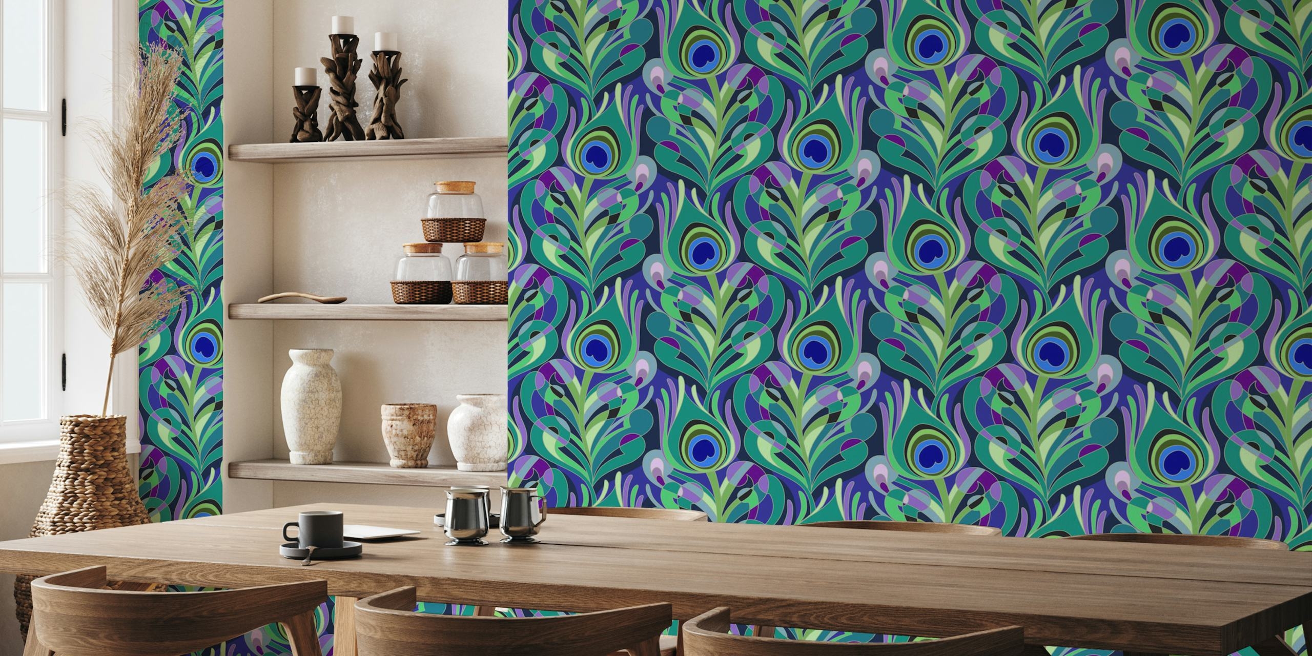 Wallpaper Peacock Feather Pattern Retro Seventies Style