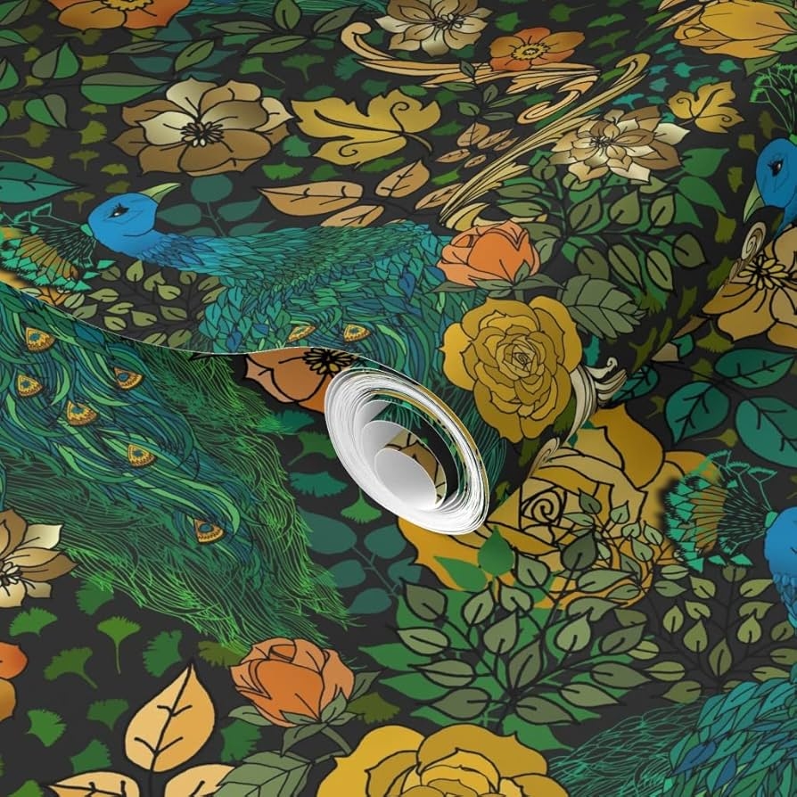 Wallpaper Peacock Motif Botanical Gold Print Wall Mural
