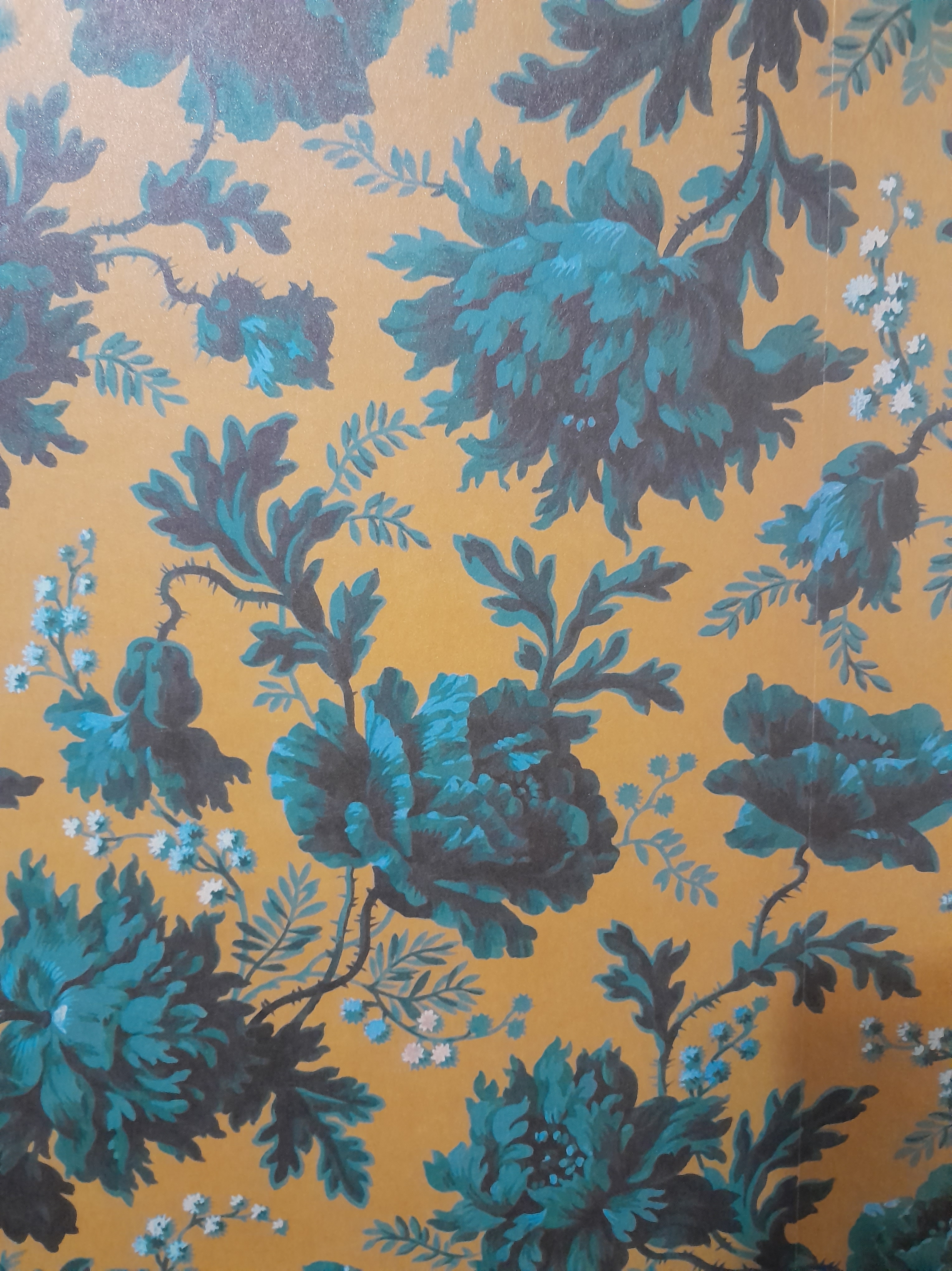 Wallpaper Teal Floral Pattern Mustard Yellow Ground