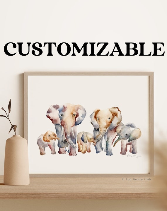 Watercolor Print Customizable Family Safari Nursery Elephant Art