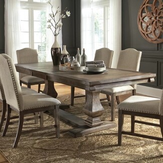 Weathered Dining Room Set with Trestle Base and Nailheads