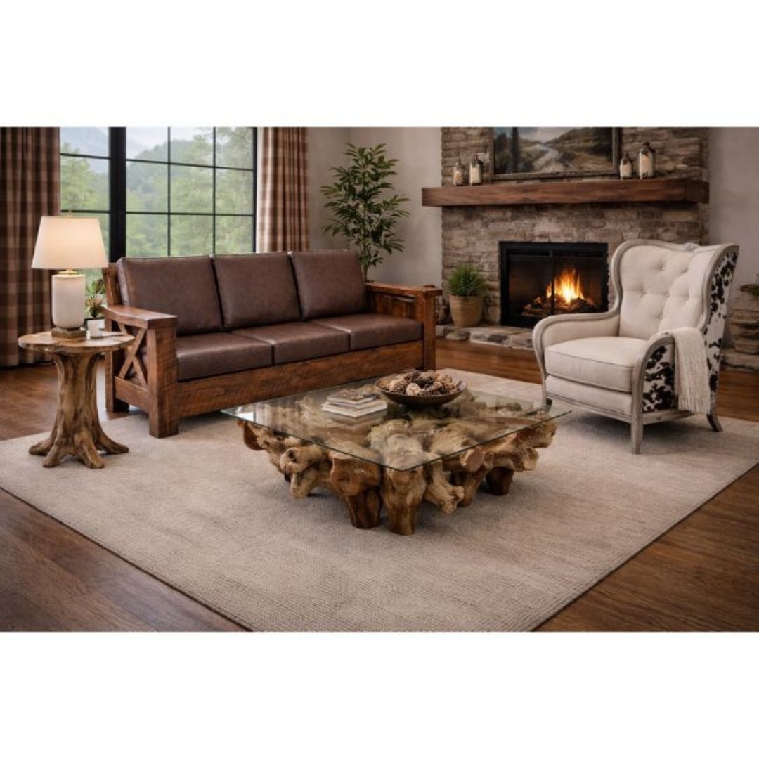 Weathered Wood Sofa: X-Brace Sides for Timber Cabin Seating