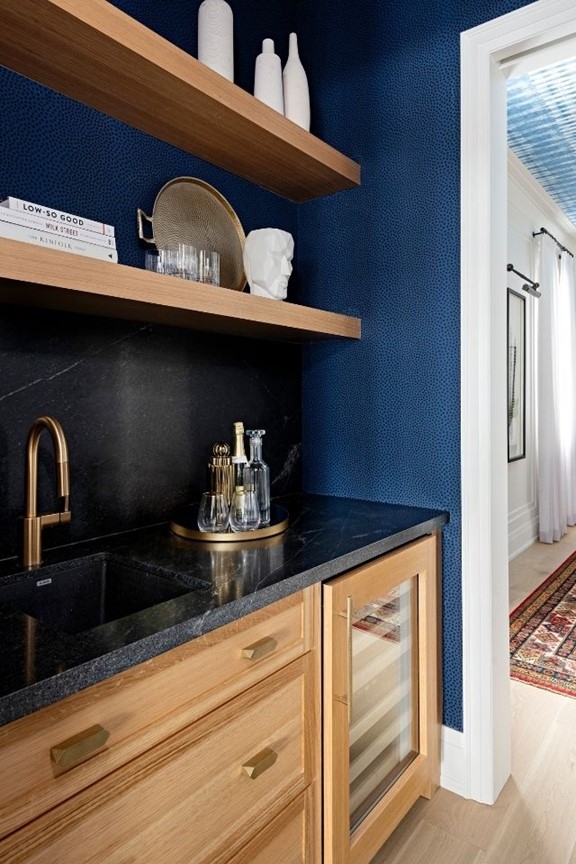 Wet Bar Ideas With Navy Dotted Wallpaper And Black Stone