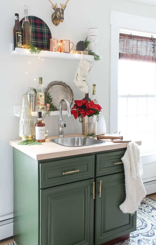 Wet Bar In Forest Green Cabinetry With Holiday Decor