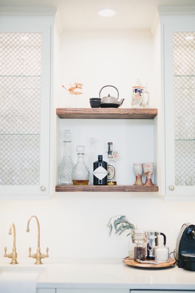 Wet Bar In Modern Farmhouse With Dual Brass Faucets