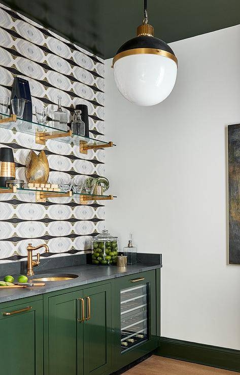 Wet Bar Nook With Green Painted Ceiling And Geometric