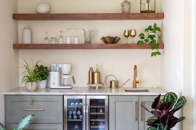 Wet Bar With Sage Green Cabinetry And Open Wood Shelves