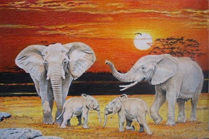 Wildlife Wall Art Elephant Family Textured Sunset Palette Art