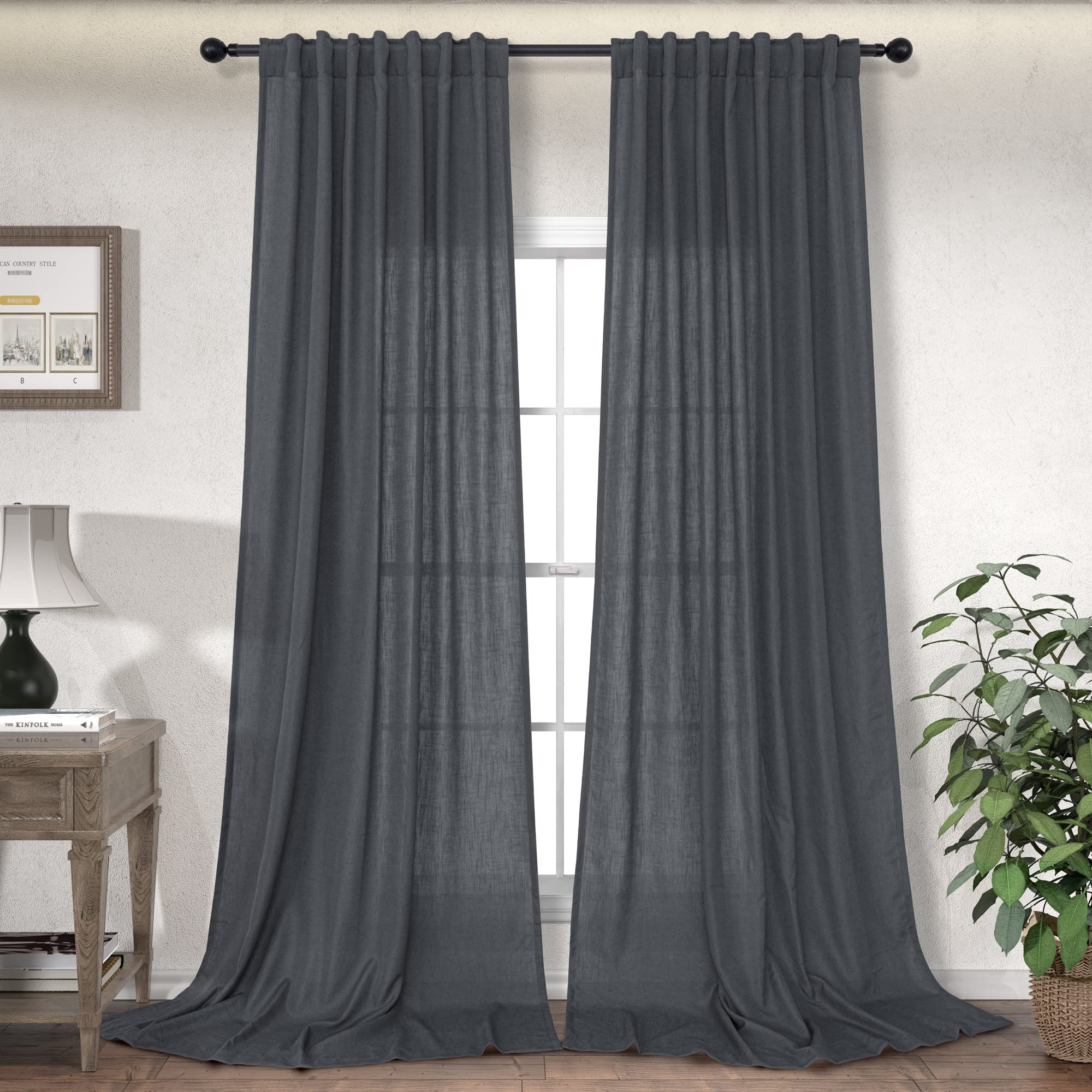 Window Curtains Back Tab Charcoal Semi Sheer Filtering Drapes