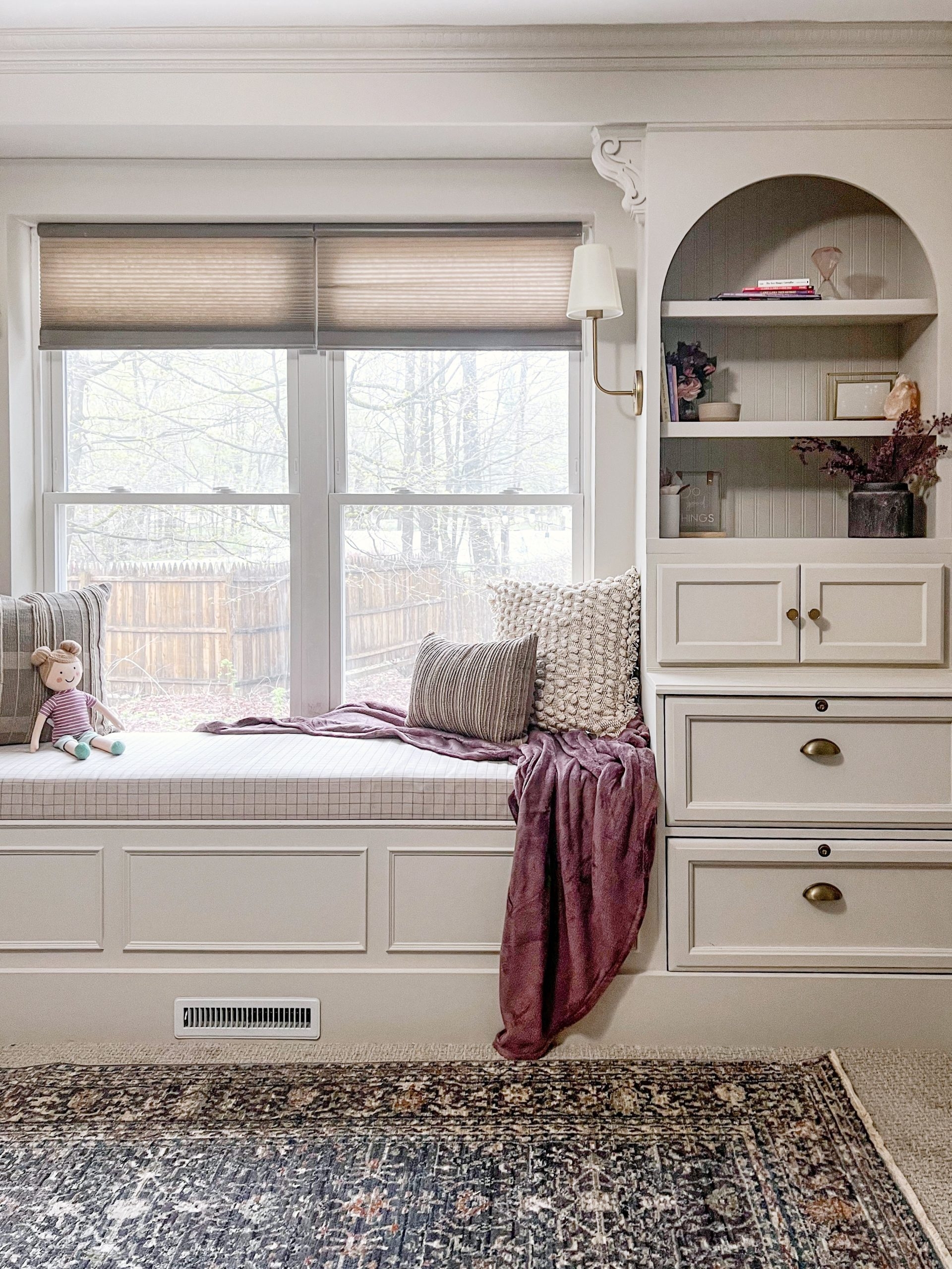 Window Seat Arched Bookcase and DIY Window Seat Built-In