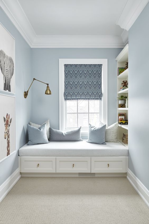 Window Seat Built-In Drawers and Blue Reading Nook Ideas