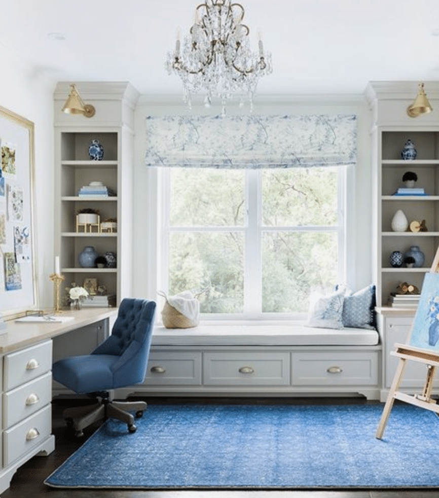 Window Seat Integrated Desk and Blue and White Home Office