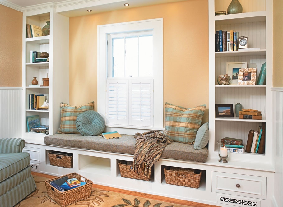 Window Seat with Recessed Lighting Wicker Basket Organization