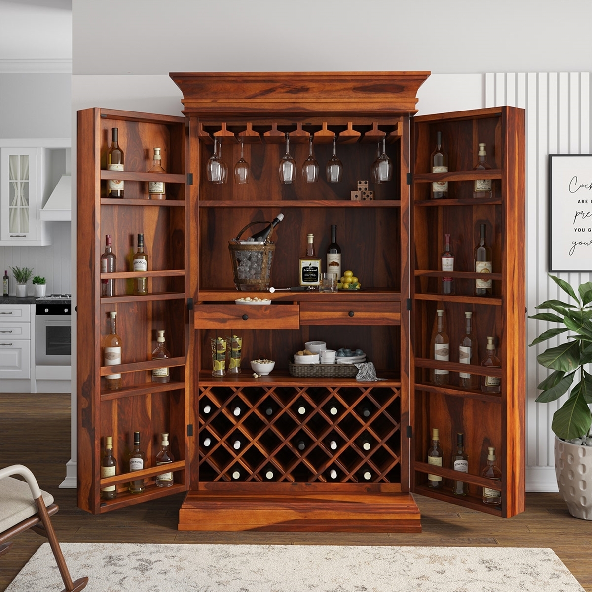 Wine Bar Cabinet with X Lattice Wine Rack and Shelves