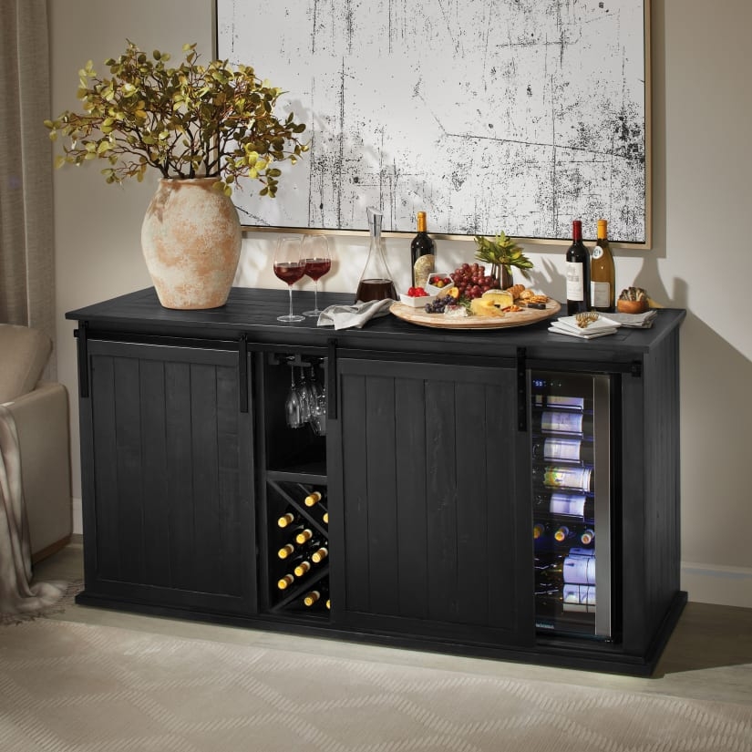 Wine Credenza: Sliding Barn Doors Wine Cooler Credenza