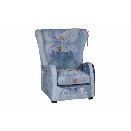 Wingback Armchair Patchwork Denim Retro Chair with Jean Pockets