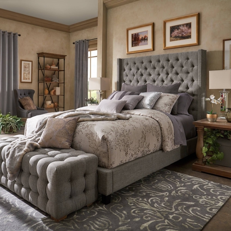 Wingback Bed Charcoal Gray Diamond Tufted Matching Bench Set