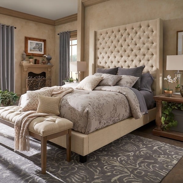 Wingback Bed Warm Beige 84 Inch High Headboard Bedroom Design
