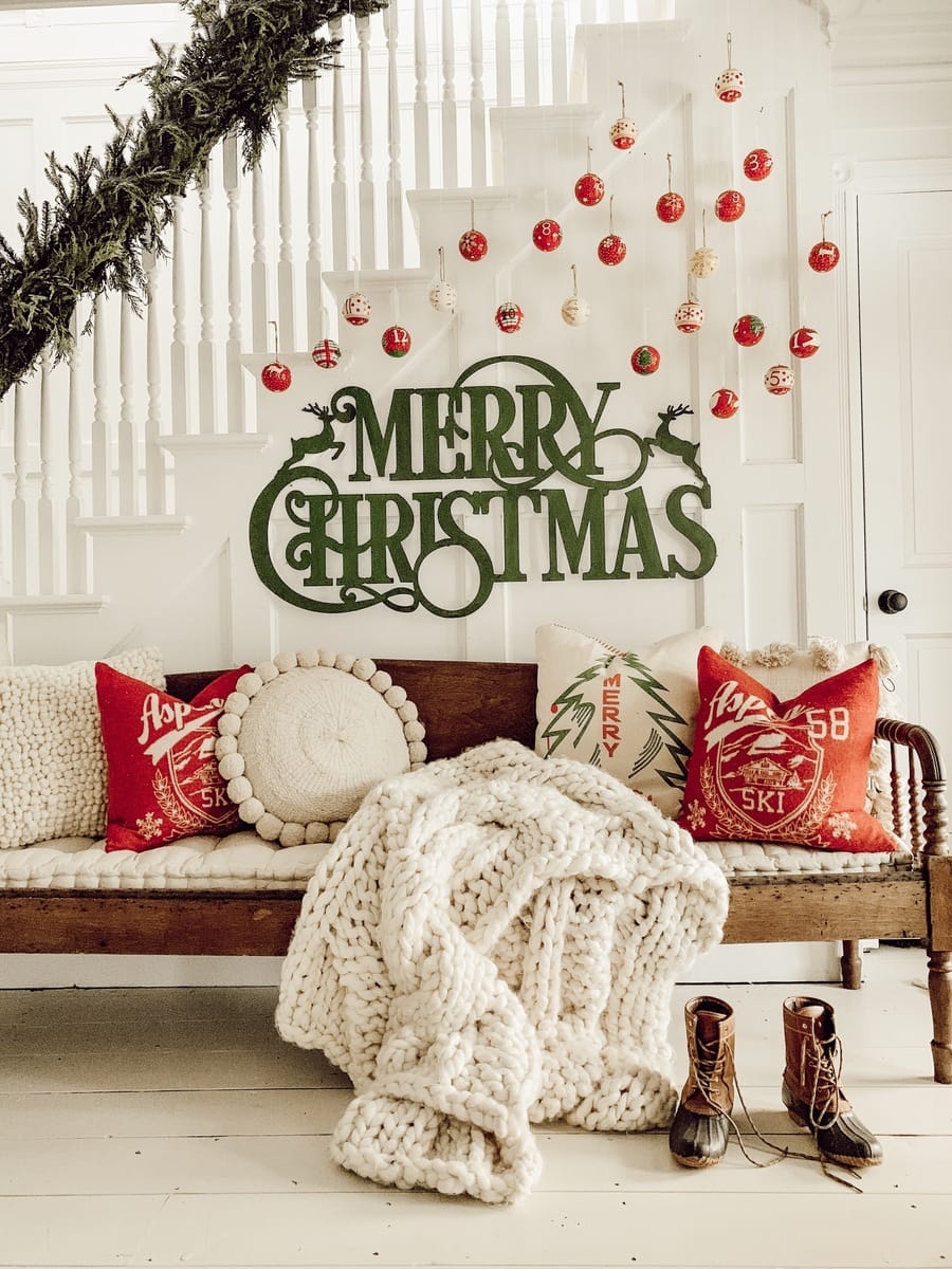 Wood Bench: Spindle Arms Farmhouse Christmas Entryway Decor