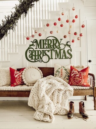 Wood Bench: Spindle Arms Farmhouse Christmas Entryway Decor