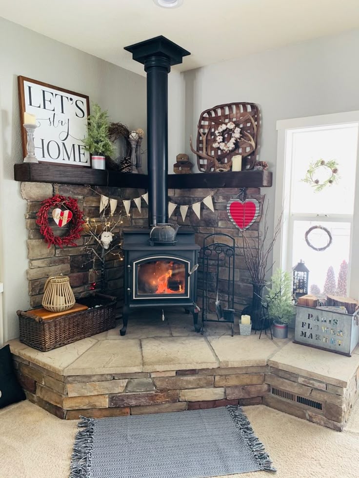 Wood Burning Stove Matte Black Stacked Stone Hearth Decor