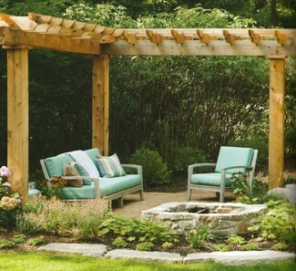 Wood Pergola L-Shaped Design with a Stacked Stone Pit