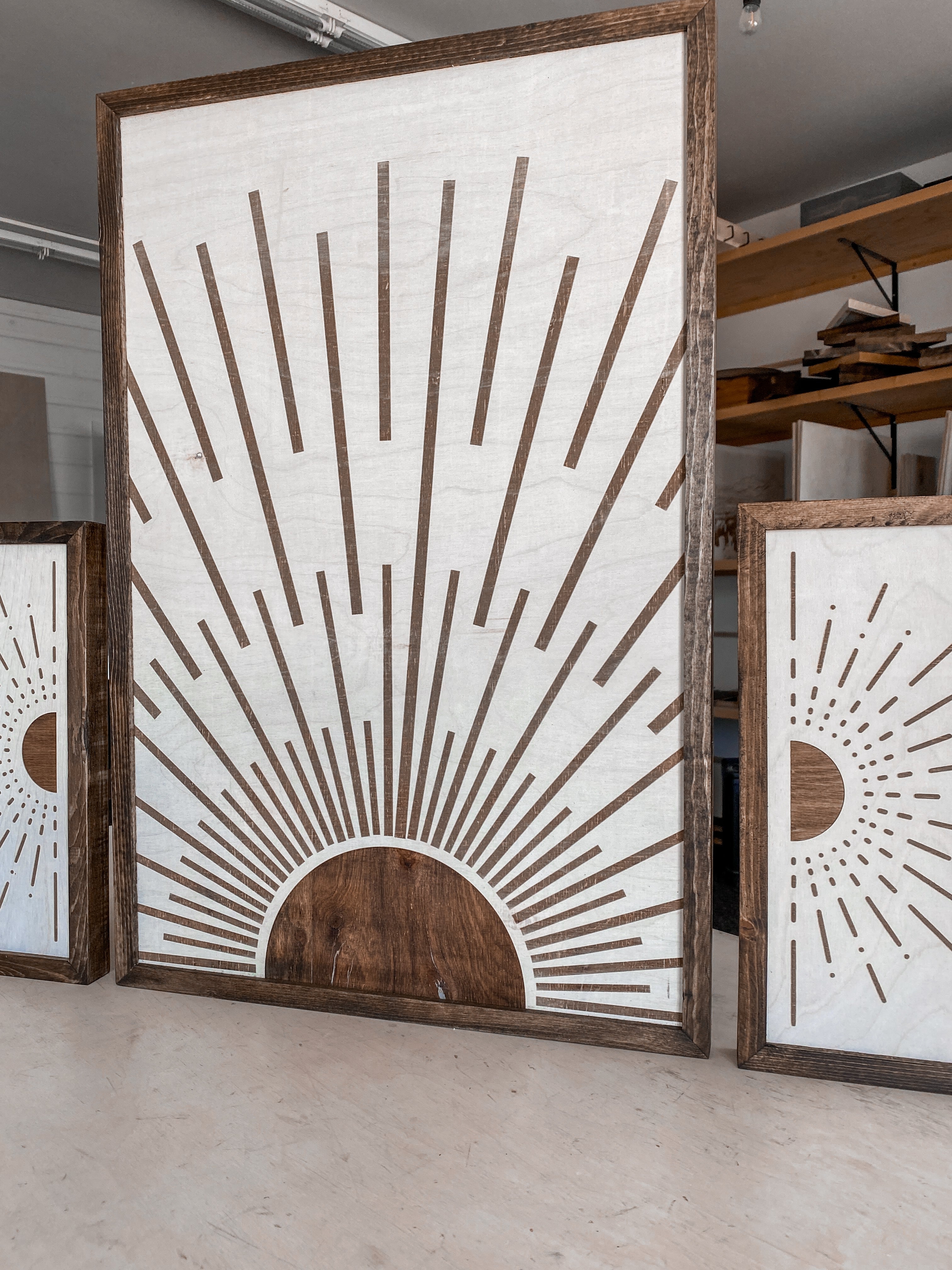 Wood Wall Art in Sunburst Pattern Three Piece Set Rustic Decor