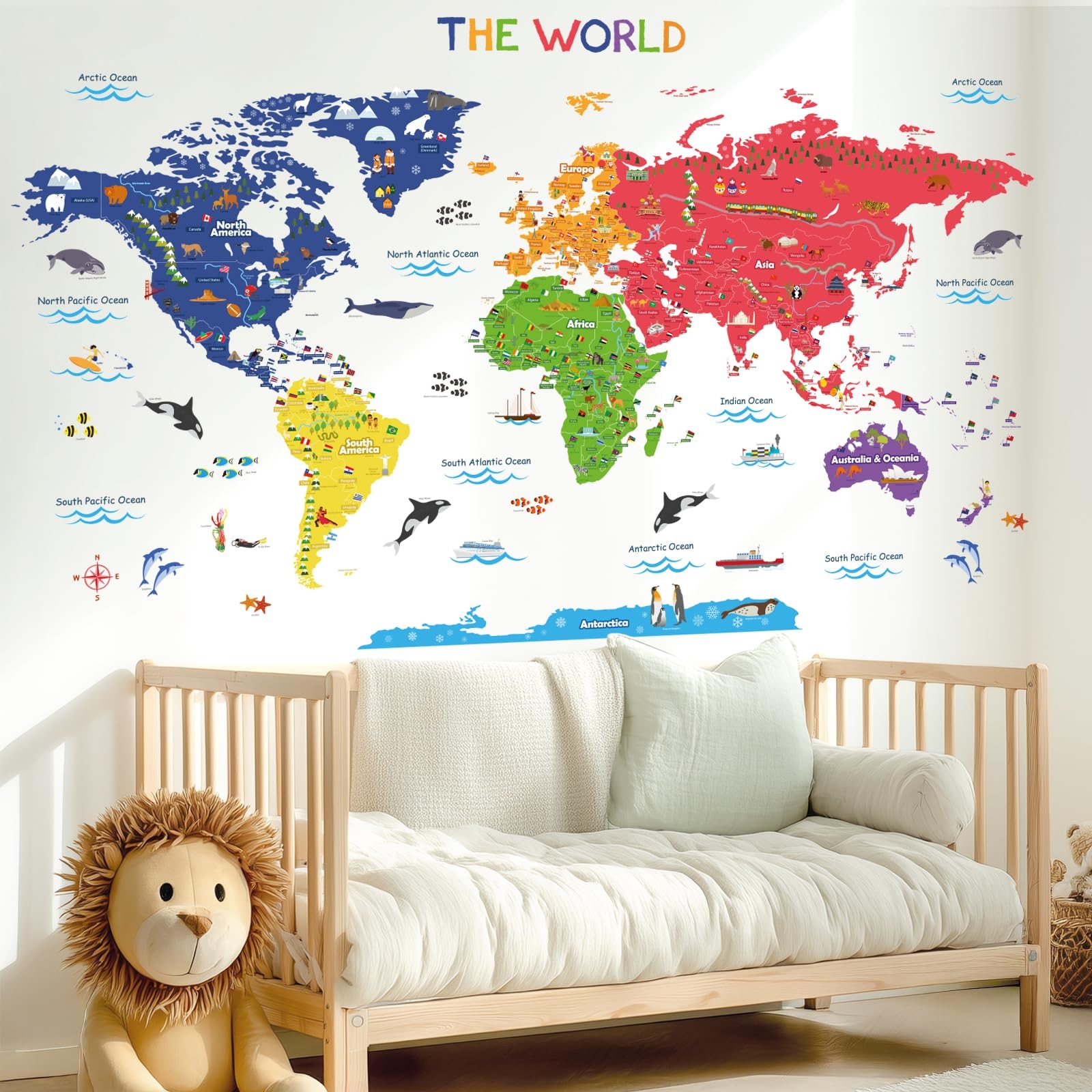 World Map Decal: Multi Colored Wood Educational World Map Decal