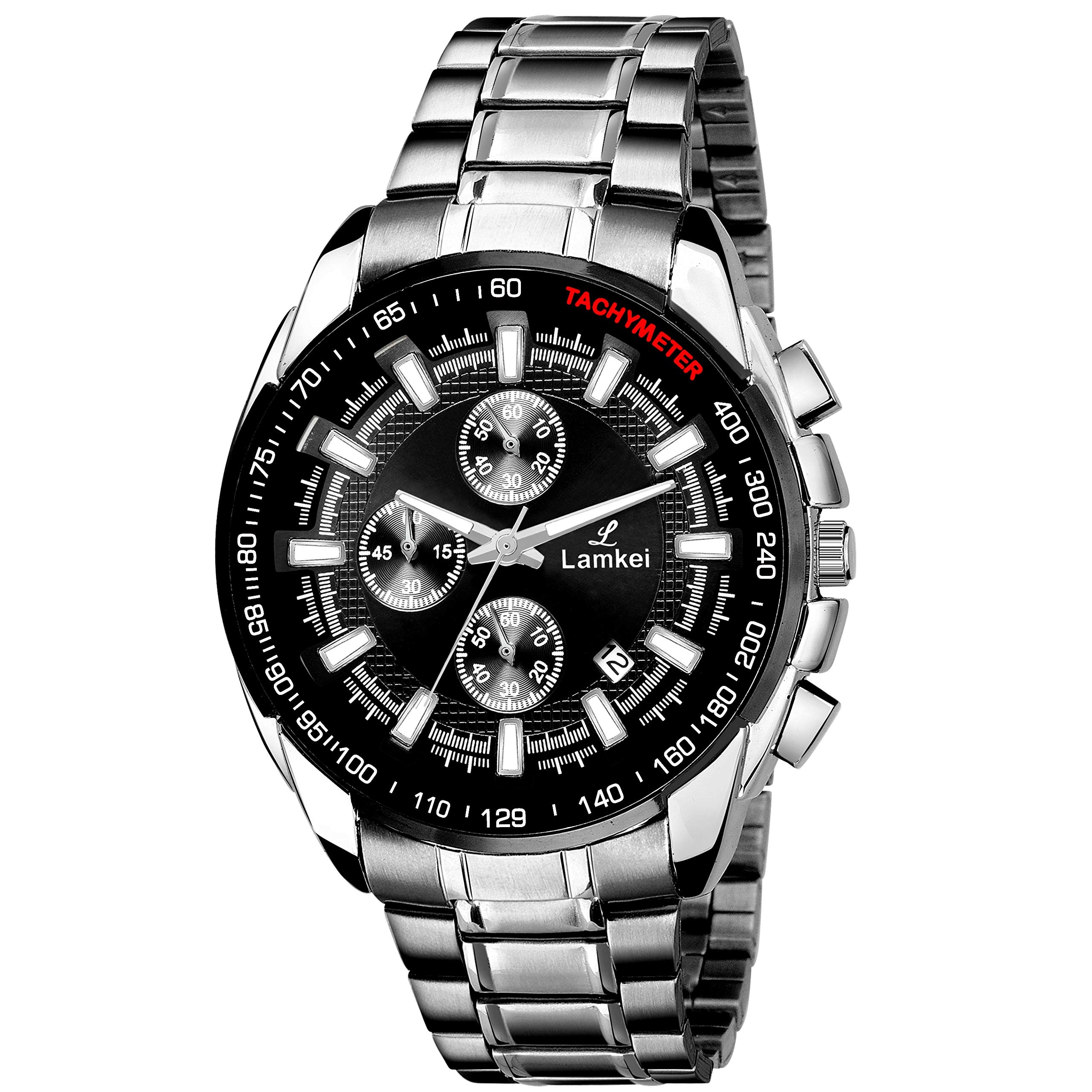 Wrist Watch with Red Tachymeter Text and Silver Chronograph
