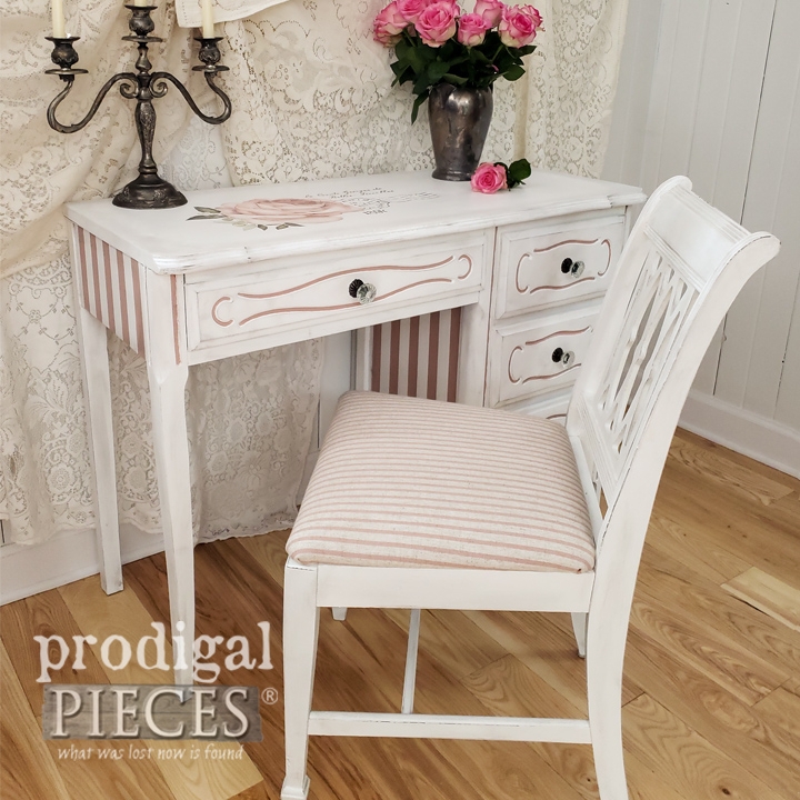 Writing Desk: Pink Striped Accents and Floral Stencil Decal