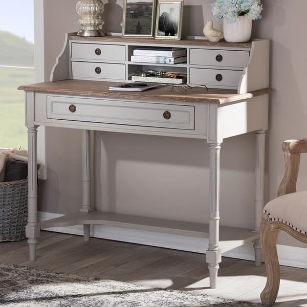 Writing Desk: Scalloped Hutch and Distressed Two-Tone Finish